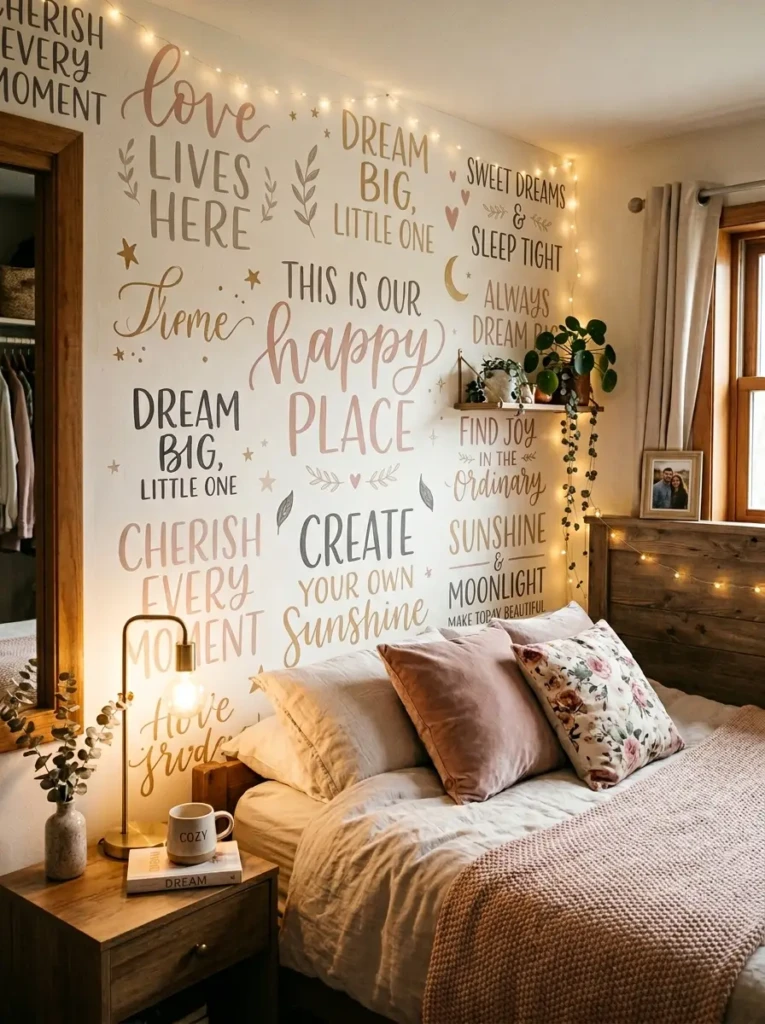 Custom quote wallpaper in soft tones creating a meaningful bedroom space