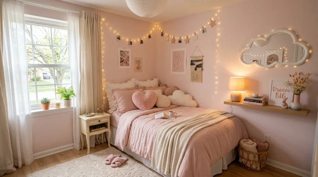 Cute small bedroom with pastel pink bedding, heart pillows, cloud mirror, ceramic decor, and fairy lights in a soft feminine style.