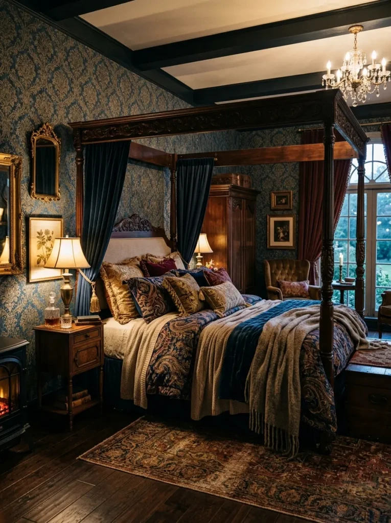 Classic damask wallpaper paired with layered bedding and cozy textures