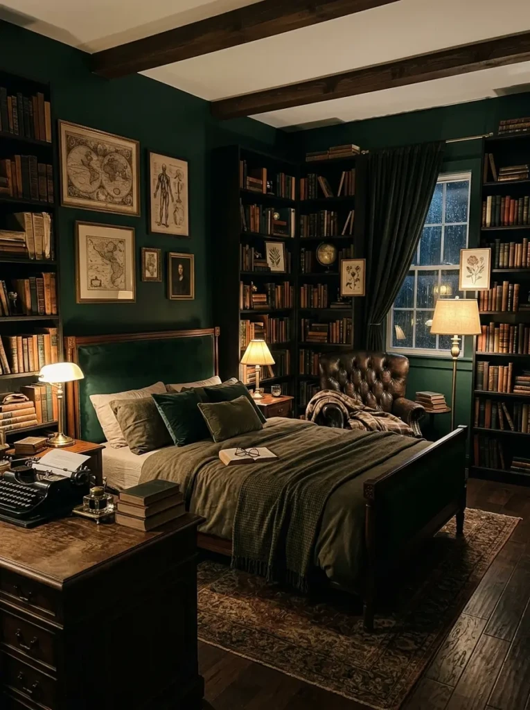 A moody bedroom with deep green tones, bookshelves, vintage furniture, and warm lighting creating a cozy intellectual atmosphere.