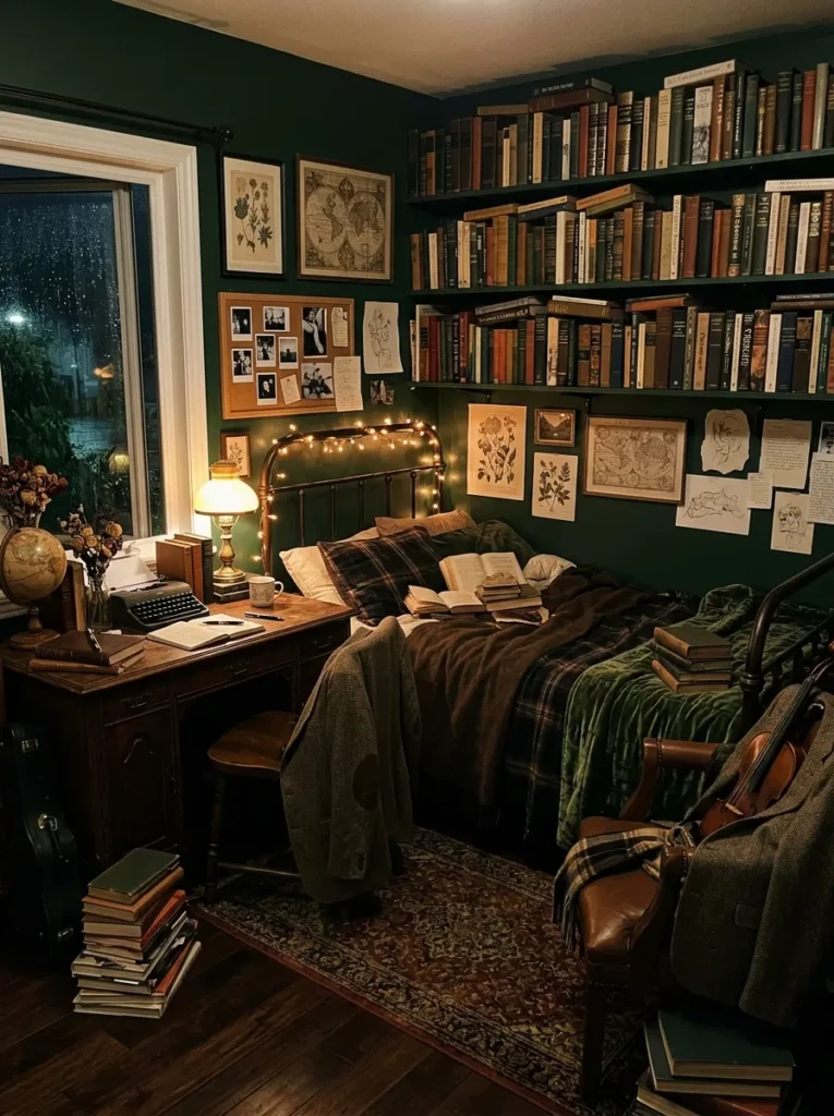 A moody teen bedroom with dark tones, books, and warm lighting creating a cozy academic vibe