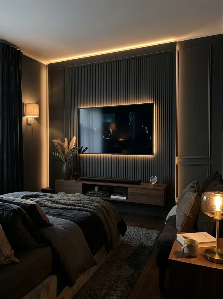 A deep charcoal TV wall in a bedroom with warm lighting and a cozy atmosphere