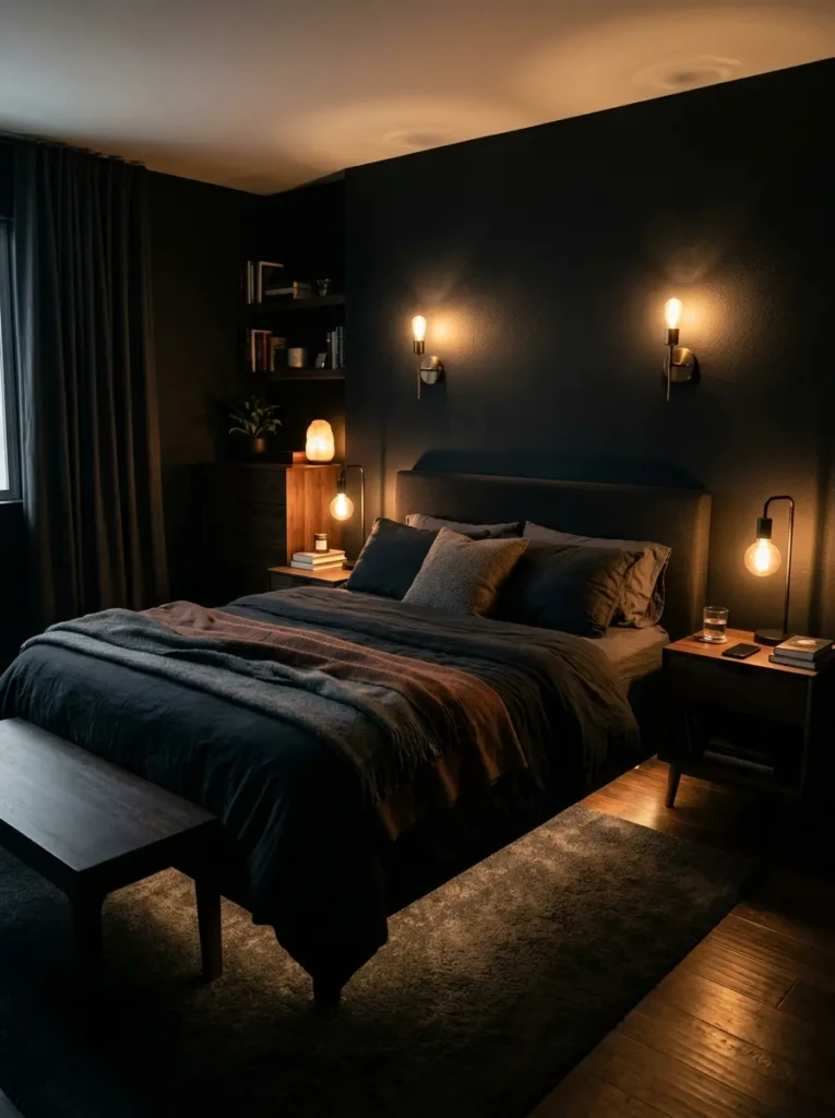 A dark bedroom illuminated by soft bedside lamps and wall sconces, creating a warm, intimate, and relaxing atmosphere.