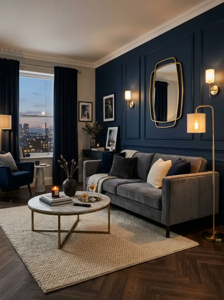 Luxury dark blue living room featuring grey velvet sofa, navy accent wall, and brass floor lamp.