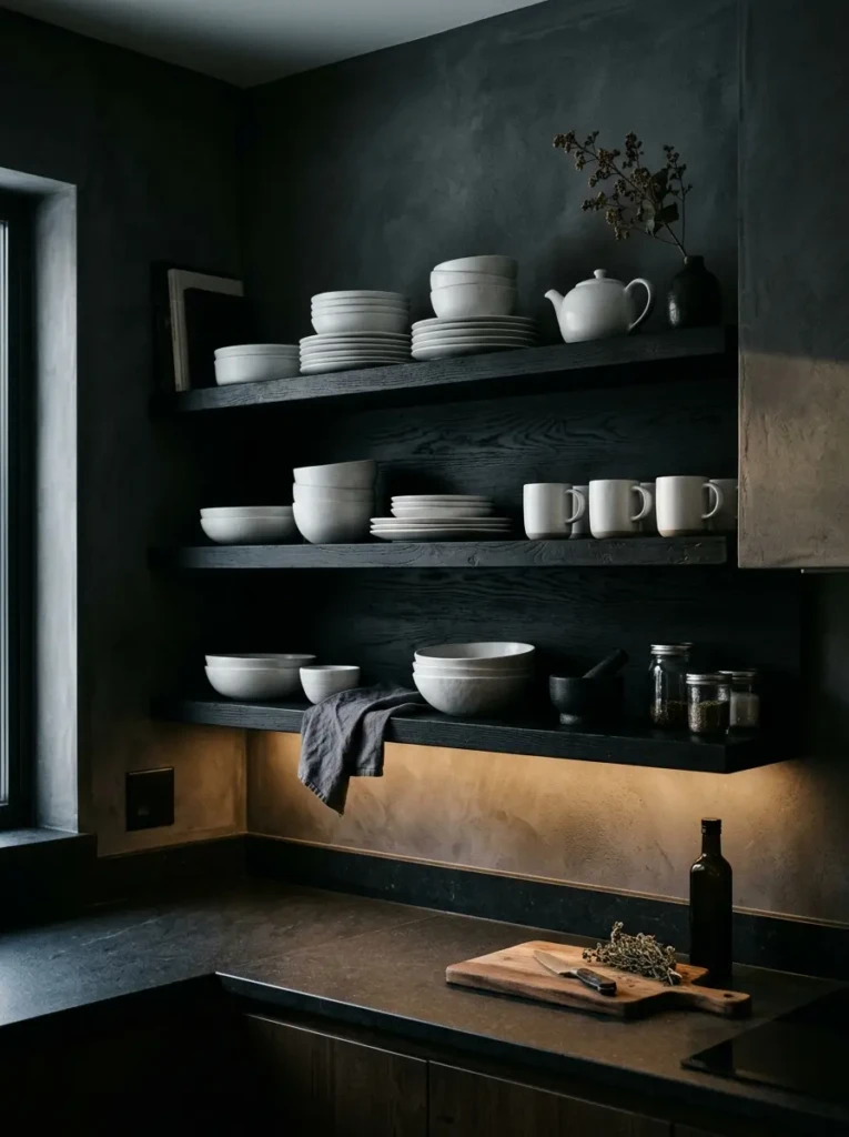Bold kitchen with charcoal shelves contrasting against white dishes for a dramatic look.