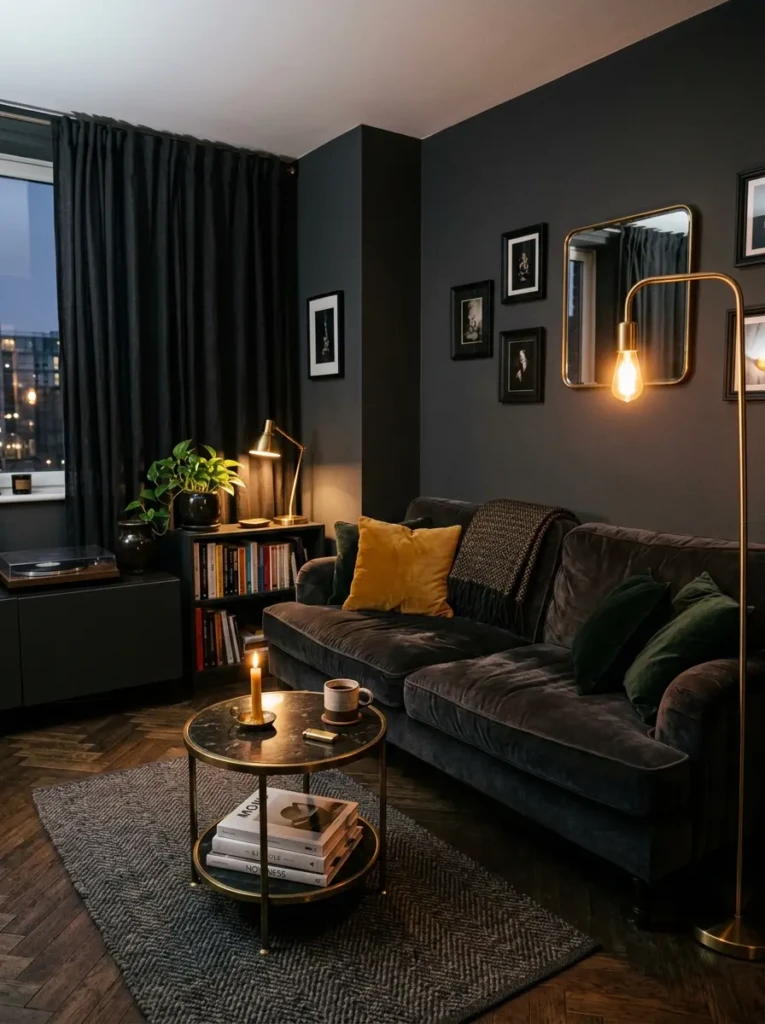A moody small living room with charcoal walls, velvet sofa, brass accents, and warm ambient lighting.