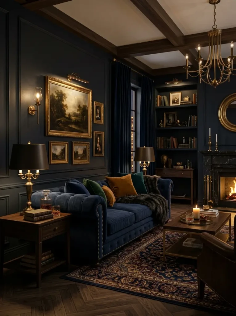 Dark elegant living room with a navy blue velvet couch, gold decor, moody lighting, and rich textures creating a dramatic and cozy atmosphere