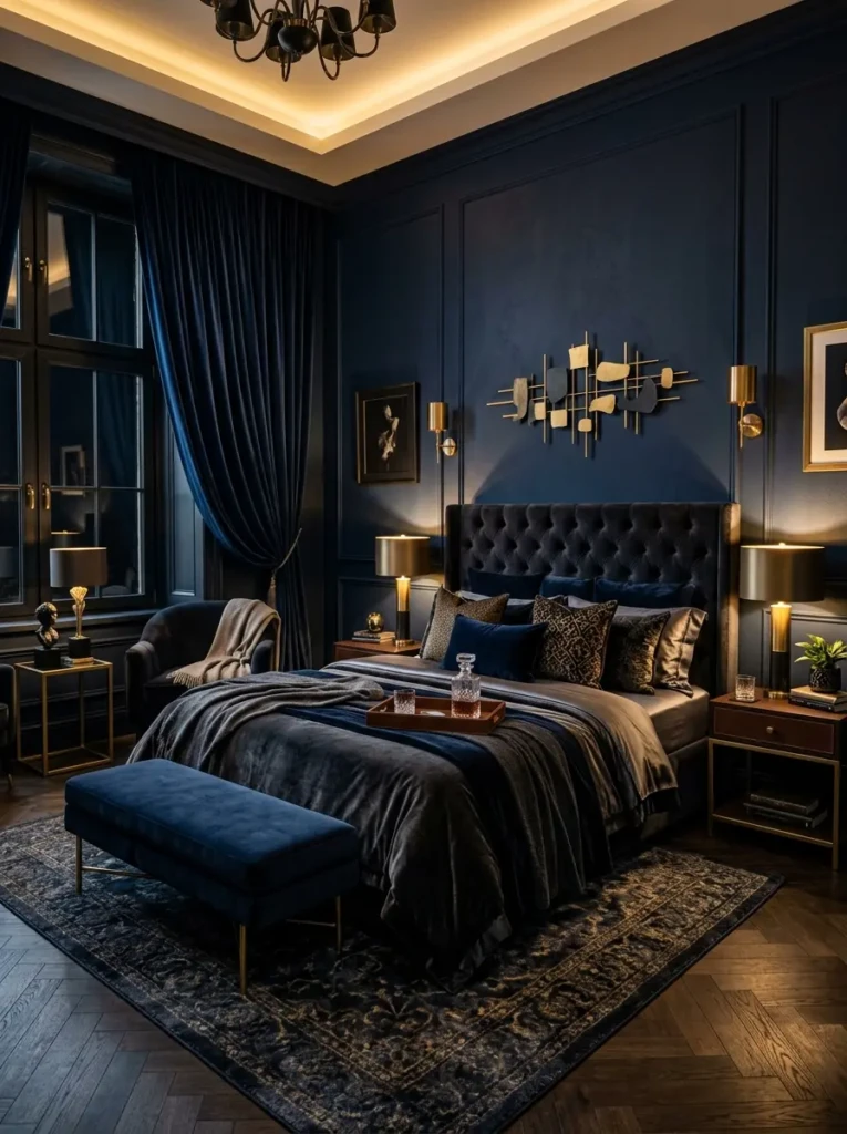 A luxurious bedroom with deep tones, velvet textures, gold accents, and soft lighting creating a rich and cozy atmosphere