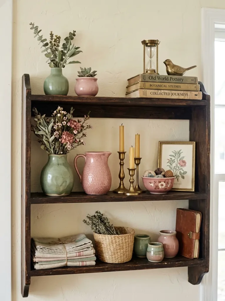 Dark wood floating shelf styled with sage accents, vintage ceramics, and brass details.