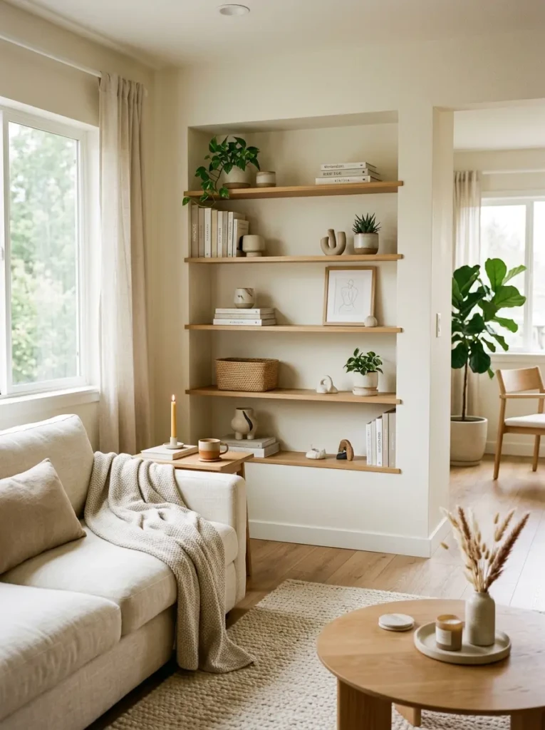 A tidy living room with storage baskets and minimal decor creating a peaceful environment.