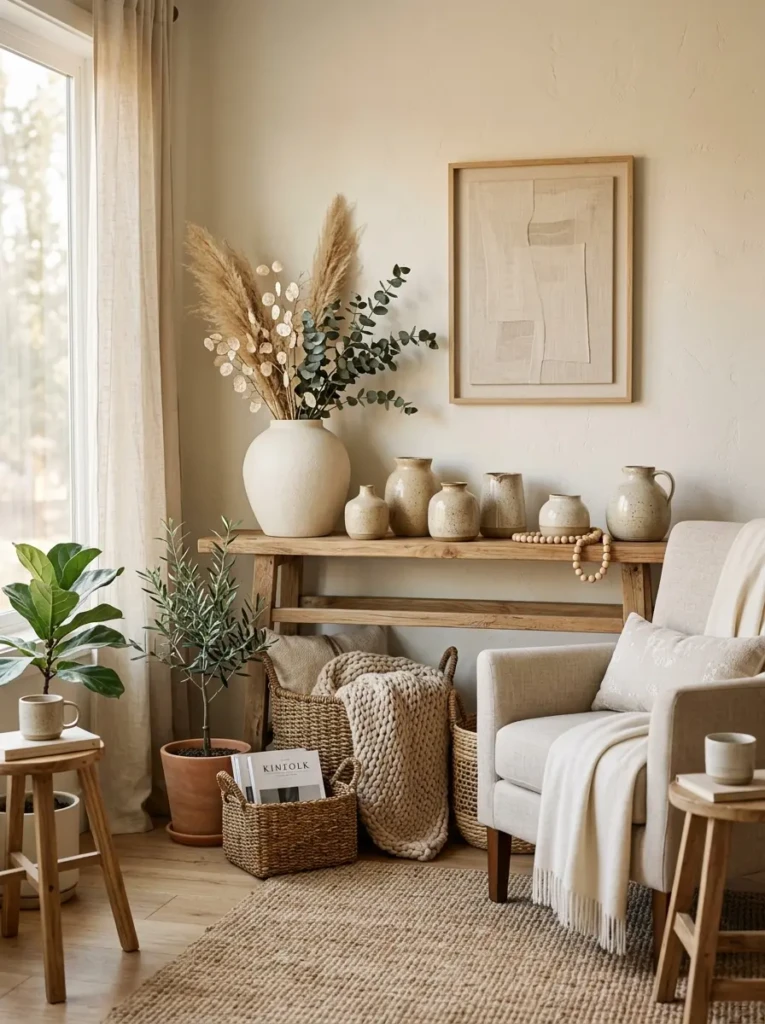 Decorative elements like ceramic vases and woven baskets styled in a modern bedroom with warm tones