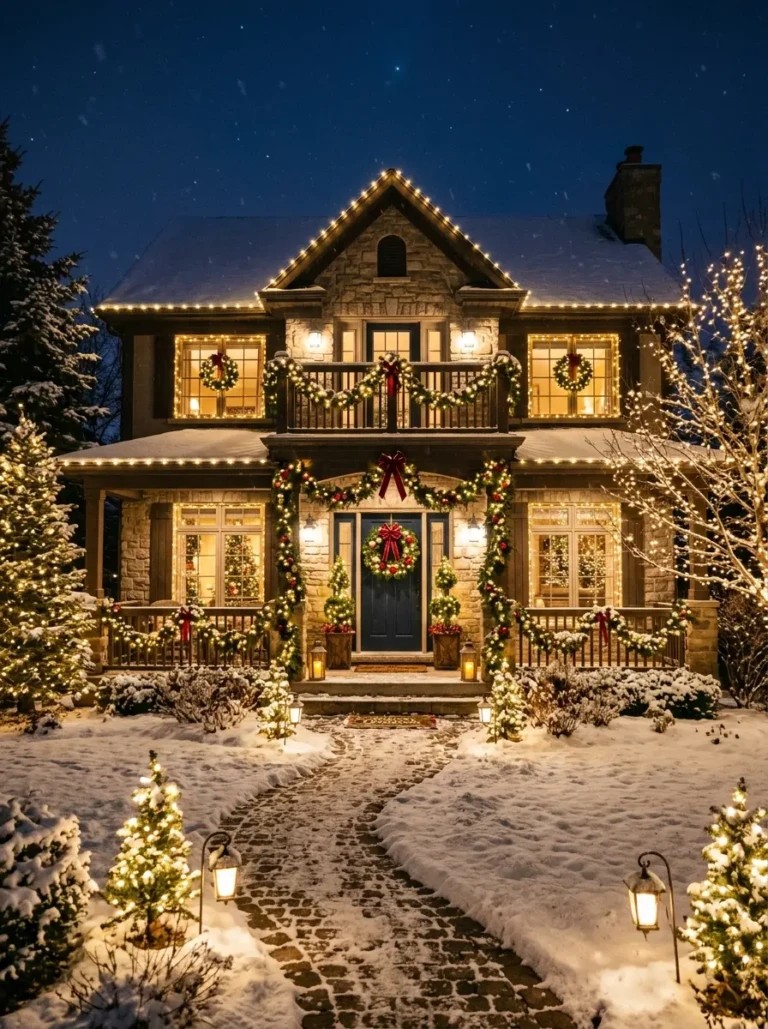 A stunning home exterior decorated with lights, wreaths, and garlands glowing beautifully in the night