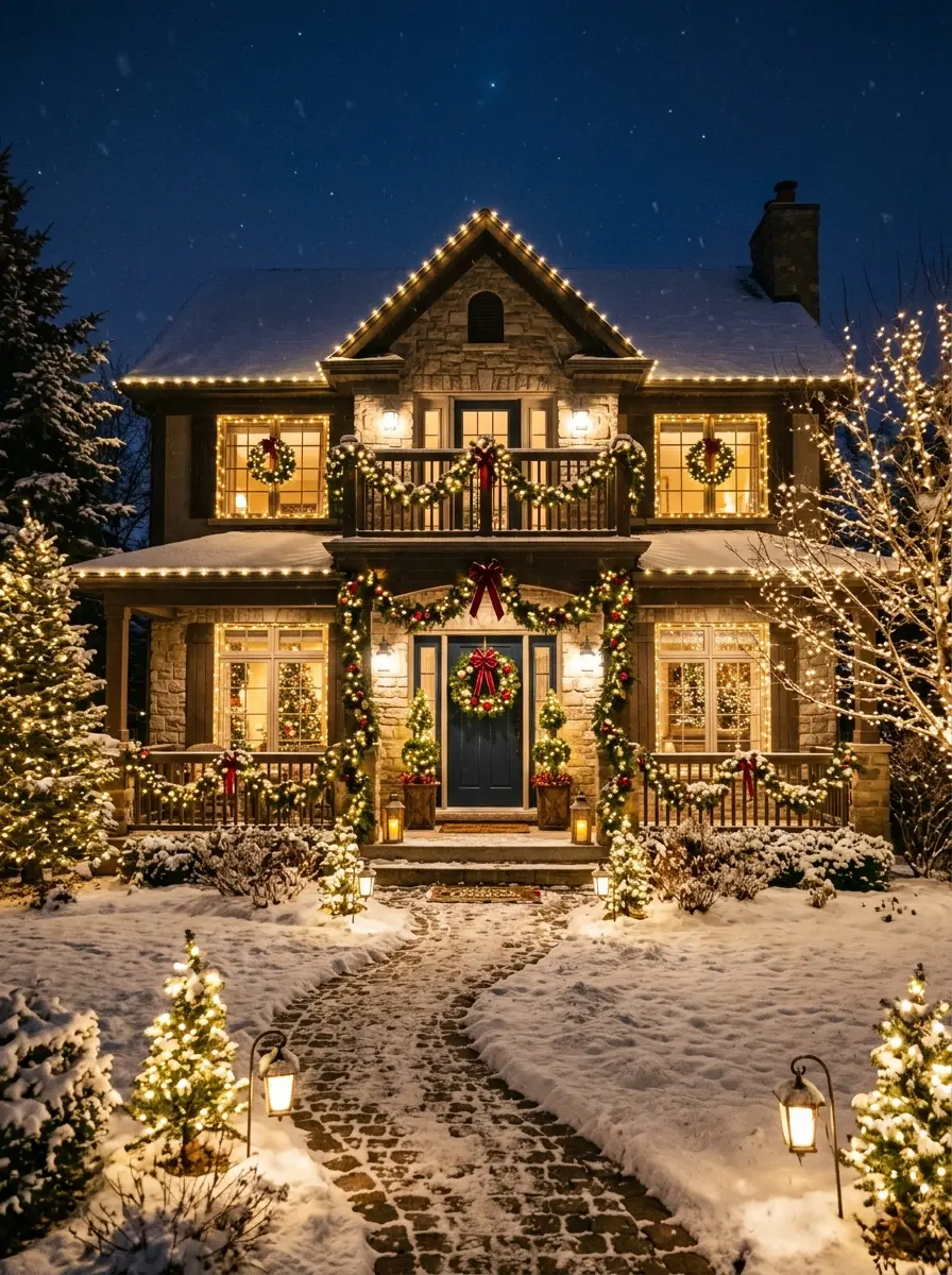 A stunning home exterior decorated with lights, wreaths, and garlands glowing beautifully in the night