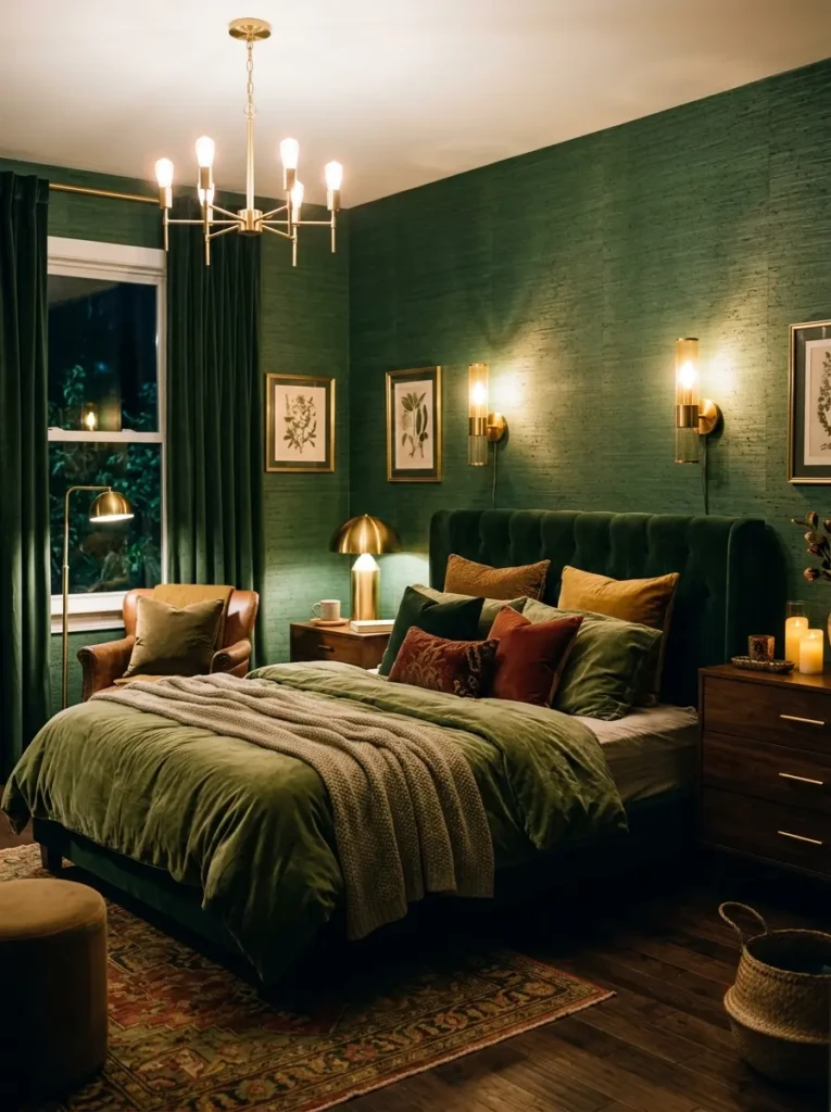 Deep green textured wallpaper with velvet cushions and brass lighting in a cozy bedroom