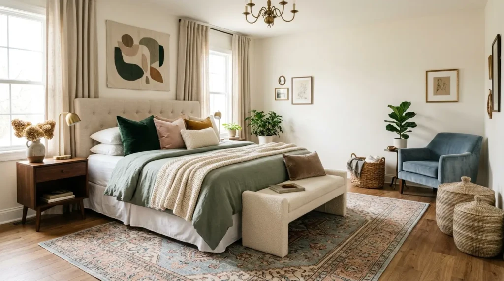 Bedroom with large rug, floor-length curtains, knit throw, velvet pillows, and bench.