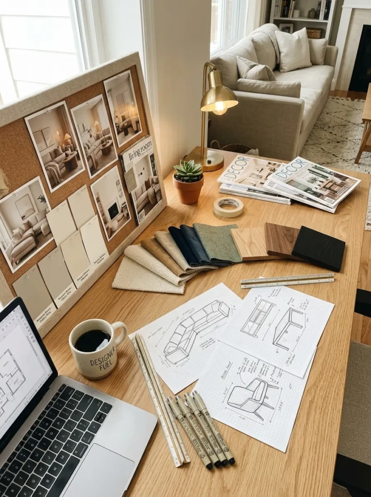 Interior design mood board with color palette, fabric swatches, furniture ideas, and lighting inspiration.