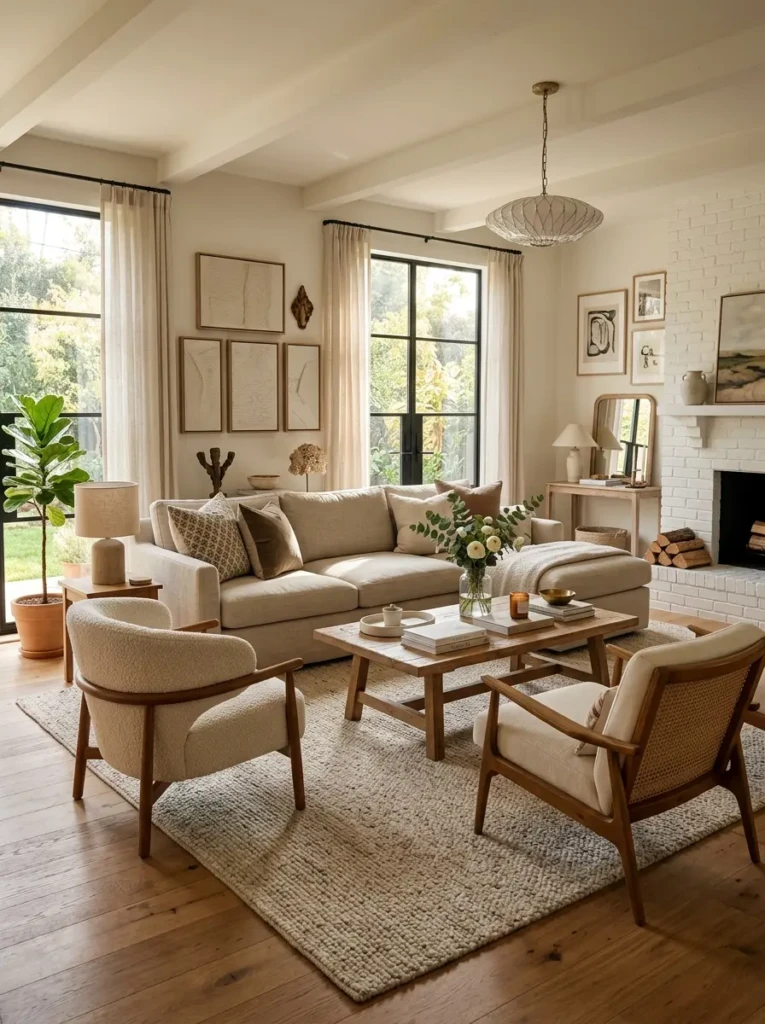 A stylish living room rug placed beneath a sofa, chairs, and coffee table to define the seating area.