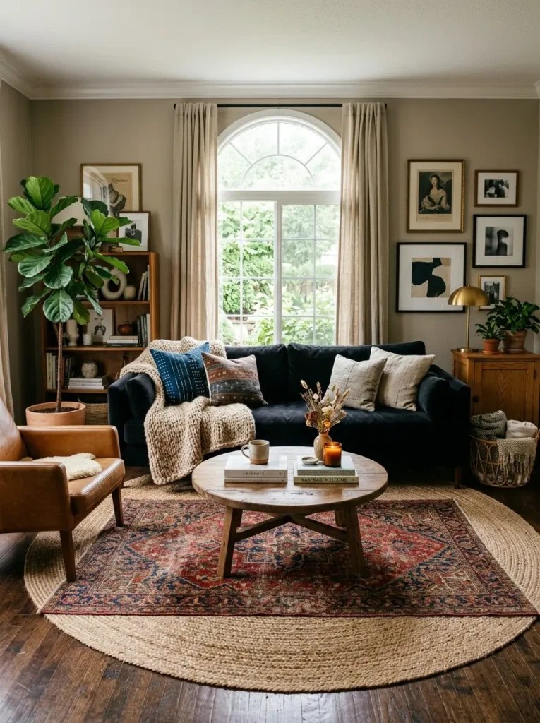 Black couch styled with layered jute and vintage rugs for added texture.