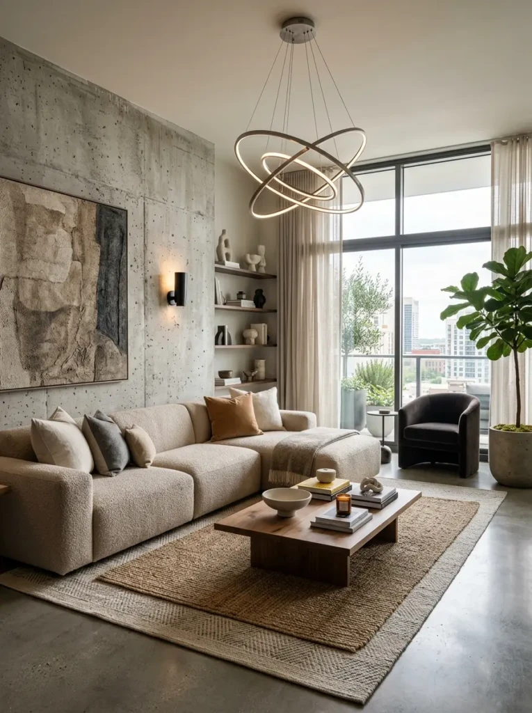 Designer living room with textured concrete-style wall, sectional sofa, and sculptural modern decor.