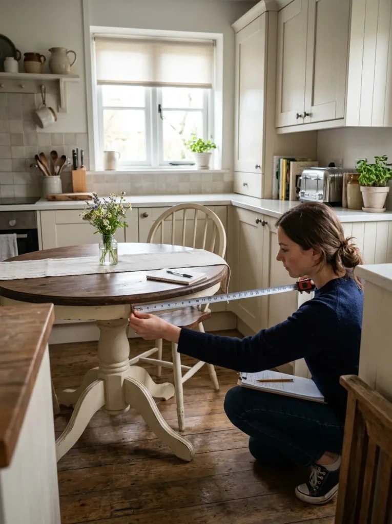 Designer measuring clearance around a small round farmhouse kitchen table in a compact kitchen.