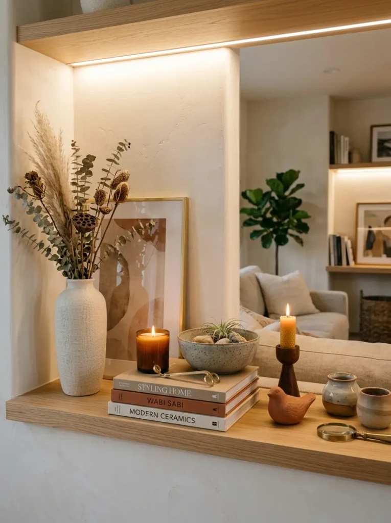 Modern floating shelves showing tall, medium, and short decor objects arranged in elegant asymmetry.