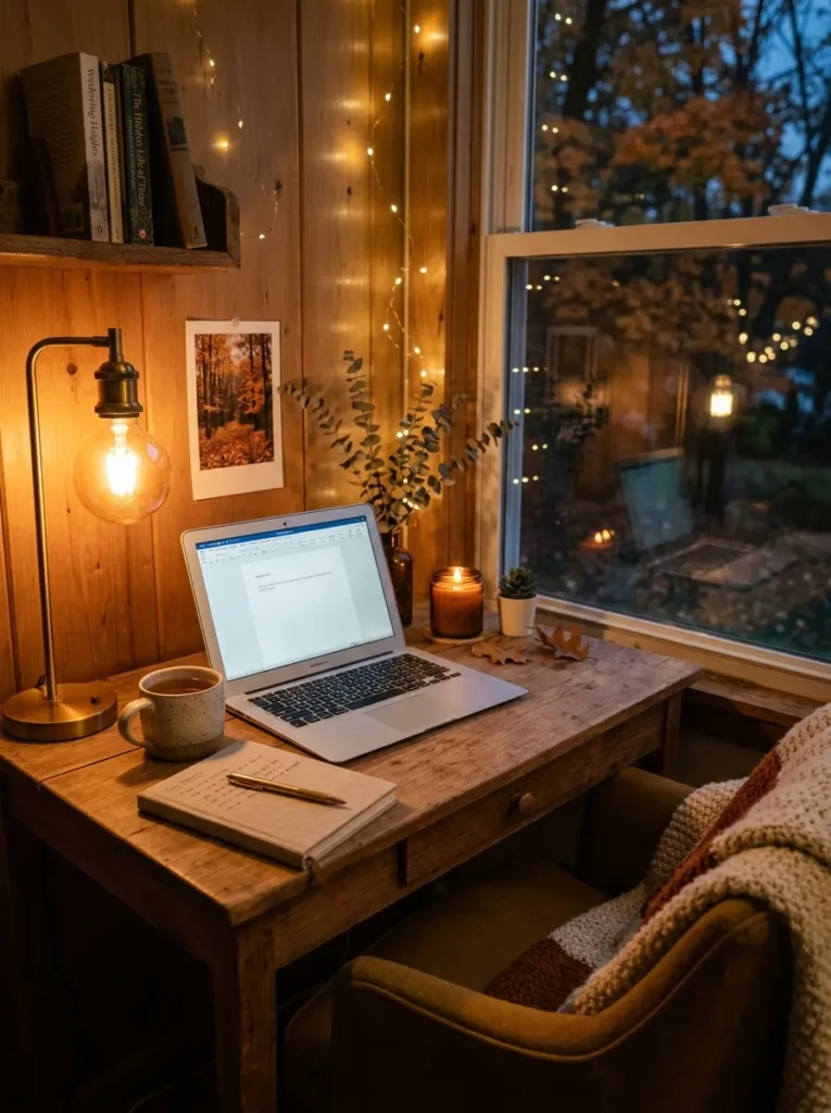 A fall desk illuminated by a soft table lamp and string lights, creating a cozy evening workspace atmosphere.