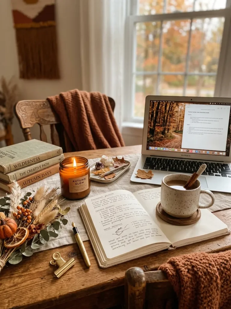 Close-up of a beautifully styled fall desk with layered textures, glowing candles, and warm earthy tones.