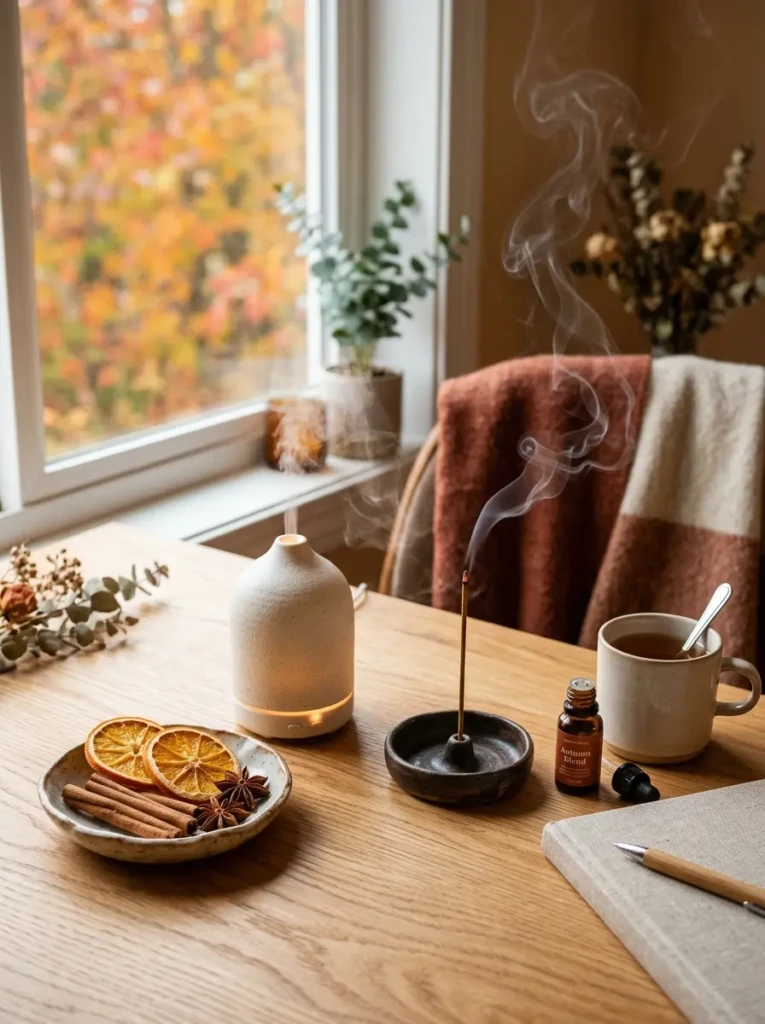 A calming desk setup featuring a diffuser, dried orange slices, and incense for a warm autumn scent.