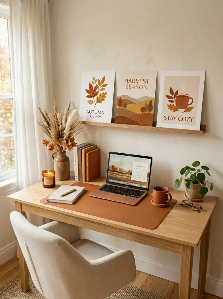 A stylish desk with autumn-themed prints in warm tones leaning against the wall for a clean aesthetic look.