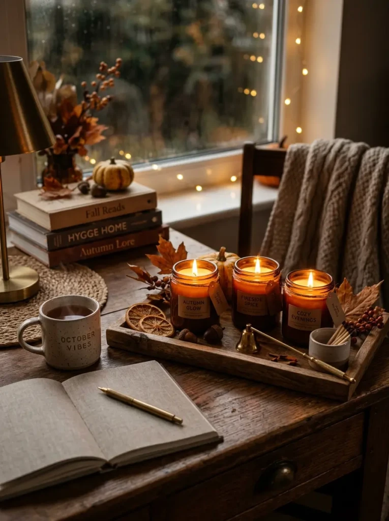 A desk styled with amber jar candles casting a warm, flickering glow, creating a relaxing autumn ambiance.