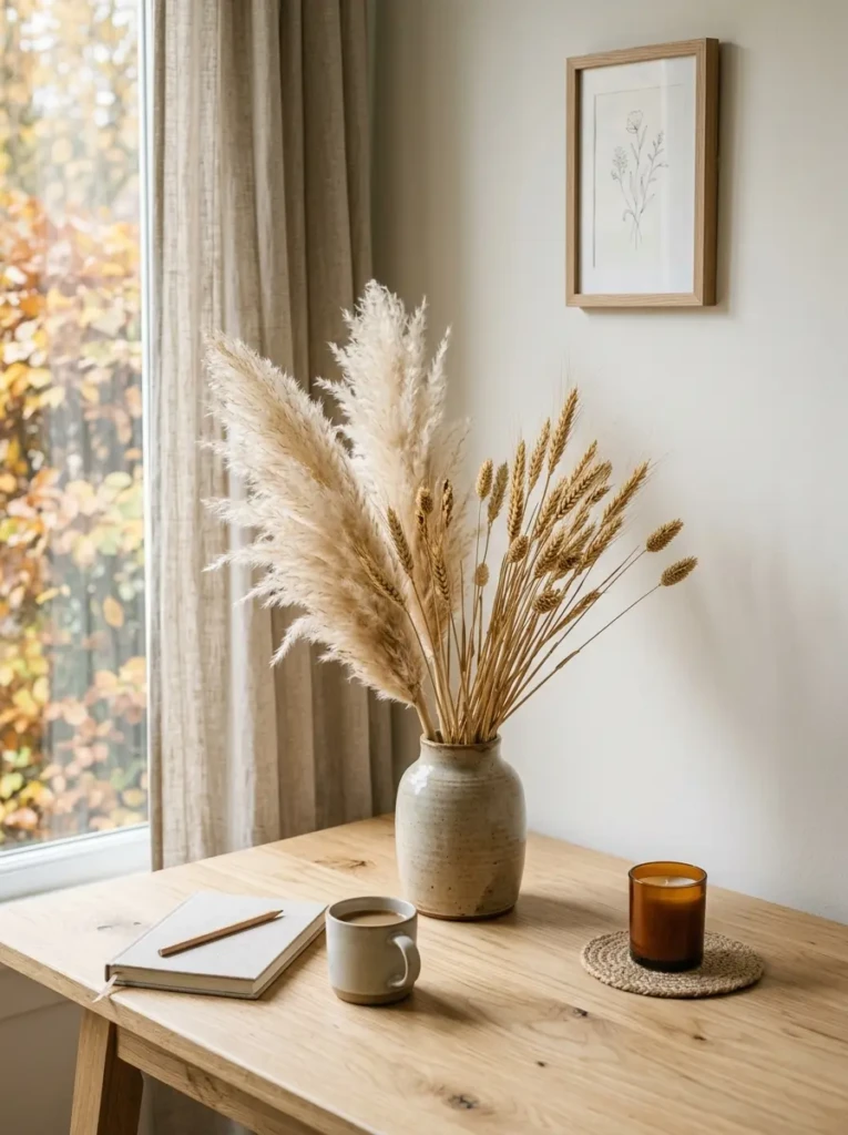 A clean desk setup with a ceramic vase holding pampas grass and dried wheat in soft neutral tones.