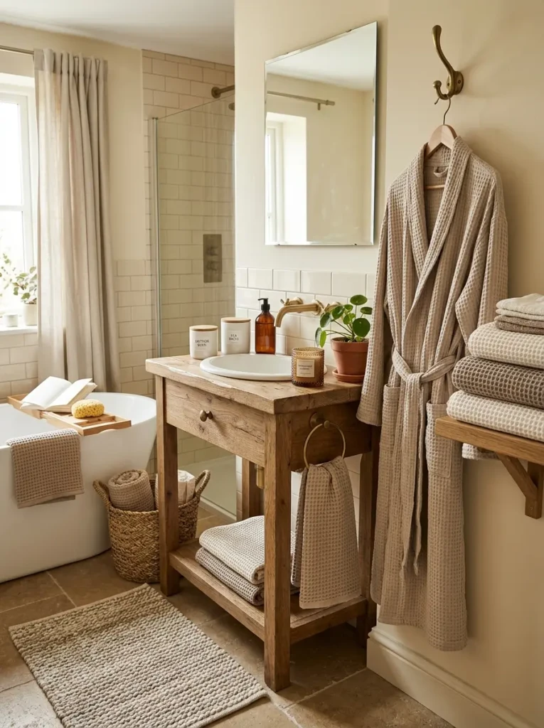 Mixed cream textiles, ceramic jars, cotton bath rug, and soft beige robe in a cozy neutral bathroom.