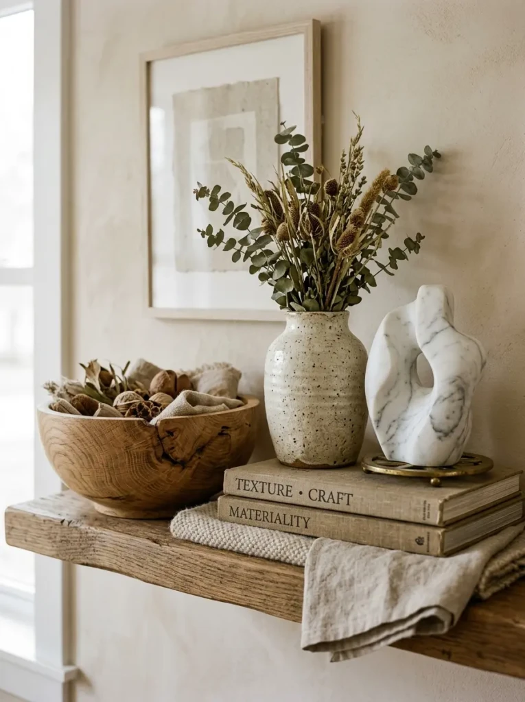 Close-up of an oak bowl, stoneware vase, and marble sculpture arranged on a long floating shelf.