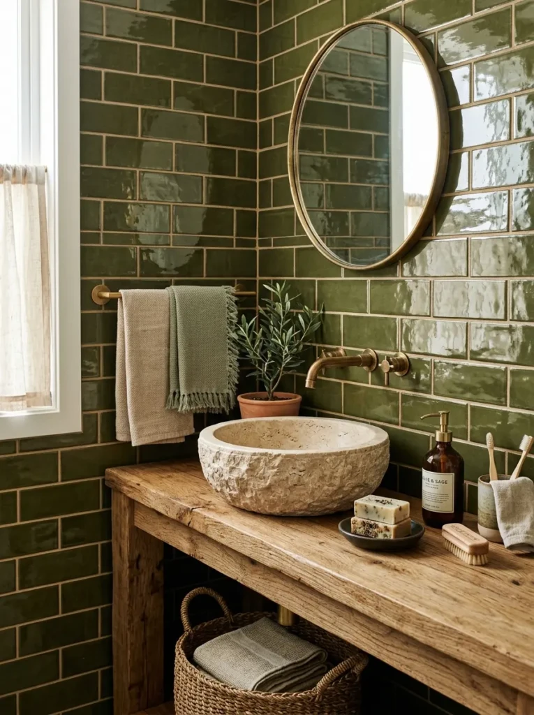 Olive glossy tile wall styled with linen towels, stone sink, and cozy natural materials.