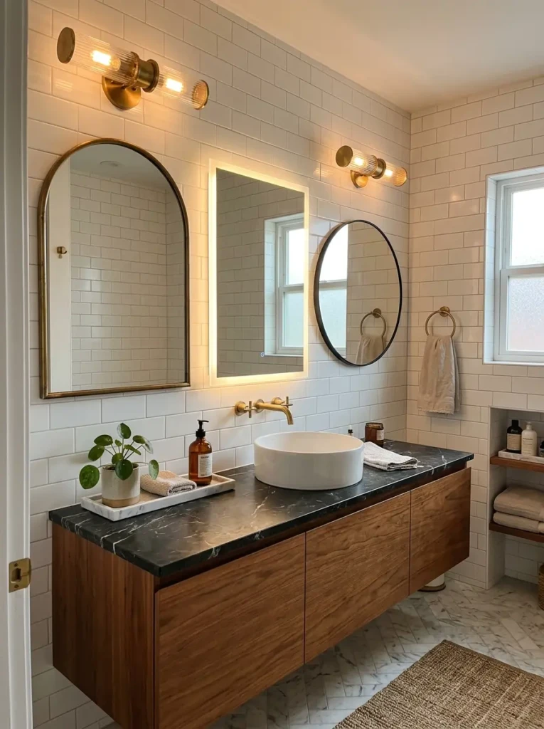 Arched, round, and backlit mirrors in a modern small bathroom with soft lighting