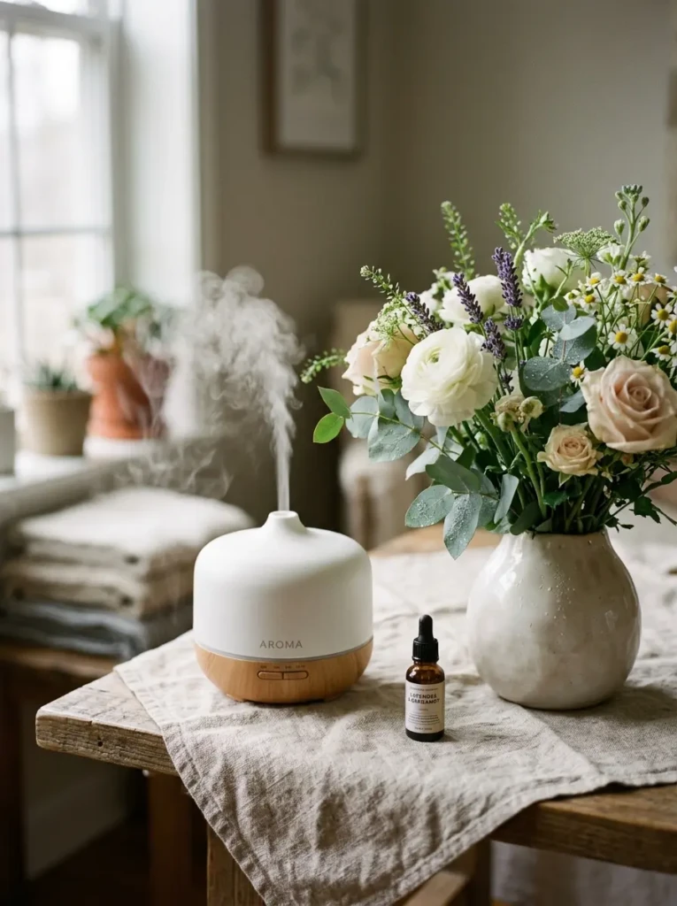 A serene bedroom setup with a diffuser, flowers, and soft textures enhancing the ambiance