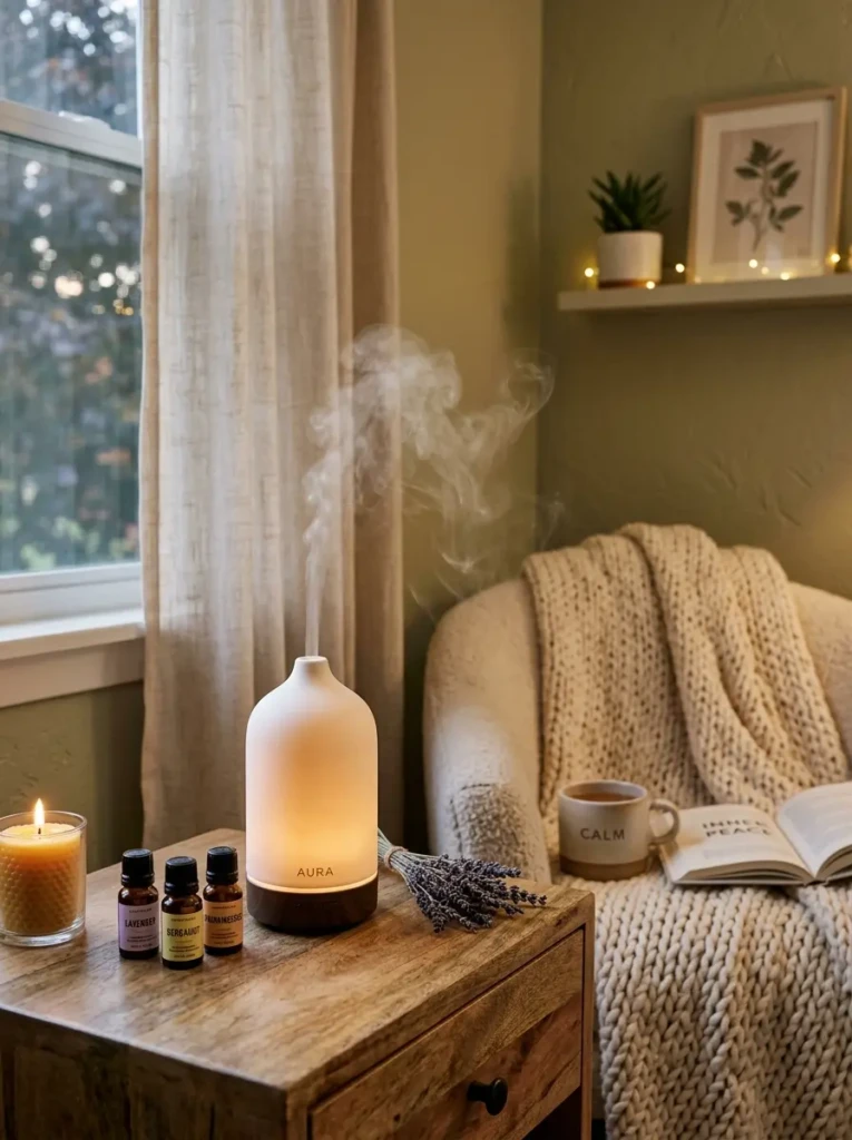 A diffuser releasing gentle mist in a calm and cozy living room setting.