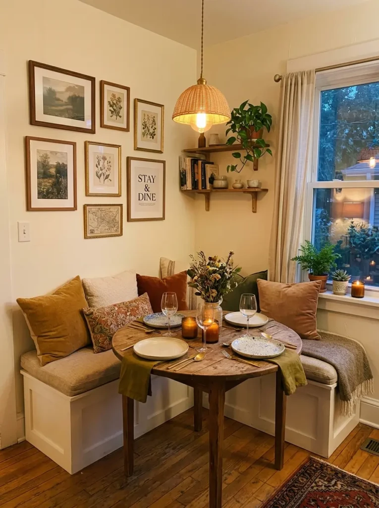 A small corner transformed into a charming dining nook with cushions, soft lighting, and wall decor.