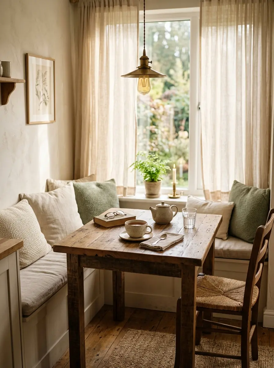 A cozy small dining nook with warm ambient lighting, soft neutral tones, a wooden table with a tea cup, linen curtains glowing with sunlight, intimate and calm atmosphere, cinematic depth of field, lifestyle interior photography