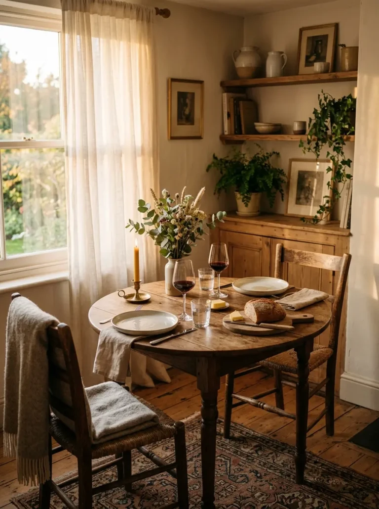 A cozy small dining room with a wooden table set for two, warm lighting, and soft curtains creating an inviting atmosphere.
