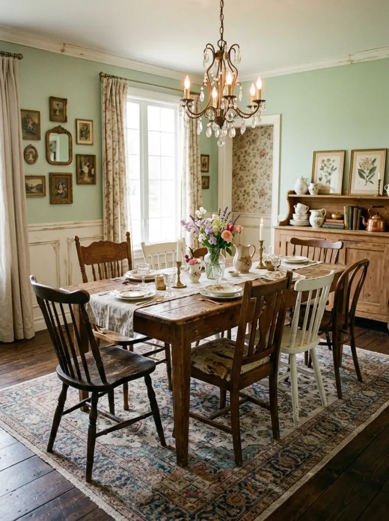 A cozy dining room with antique chairs, wooden table, soft pastel tones, and layered vintage decor creating a warm nostalgic atmosphere