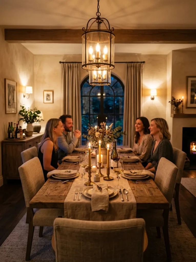 A warm dining room with soft lighting, glowing chandelier, wall sconces, and candles on a wooden table creating an intimate cozy atmosphere