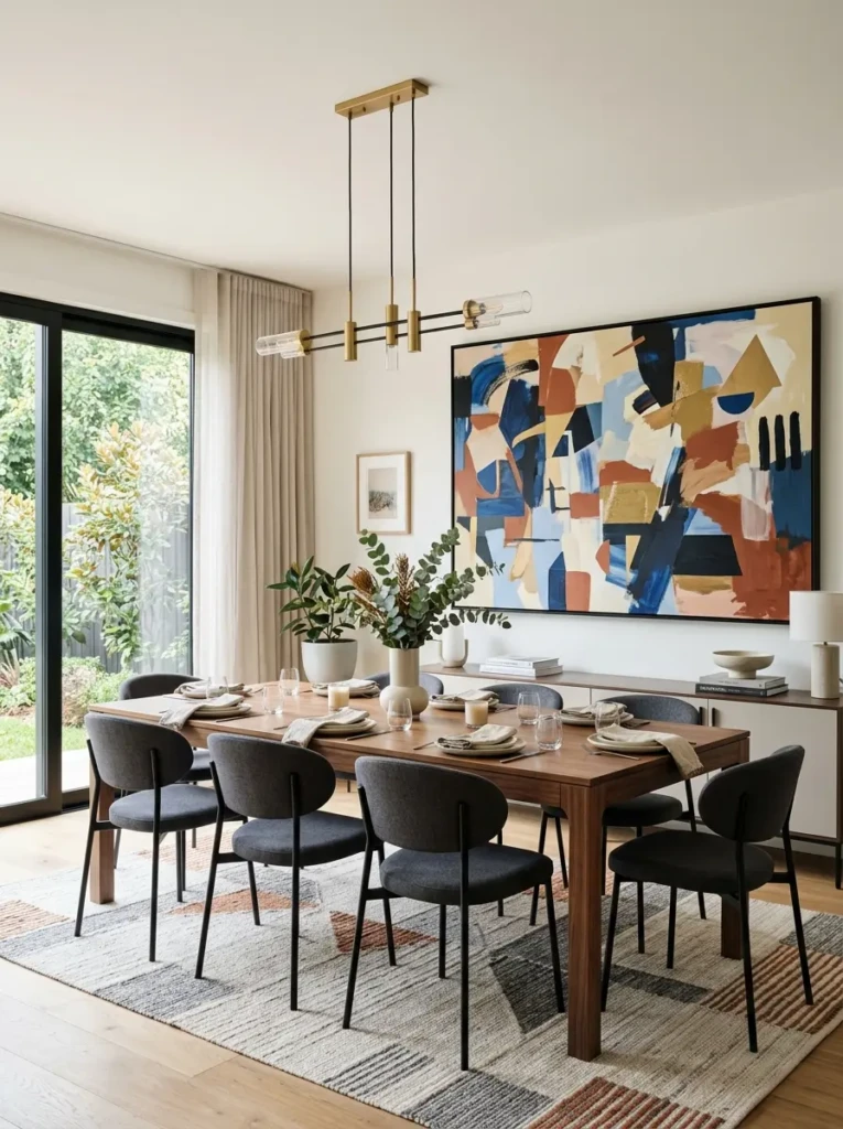 A dining room featuring a statement artwork or gallery wall above a dining table with coordinated decor and a creative atmosphere