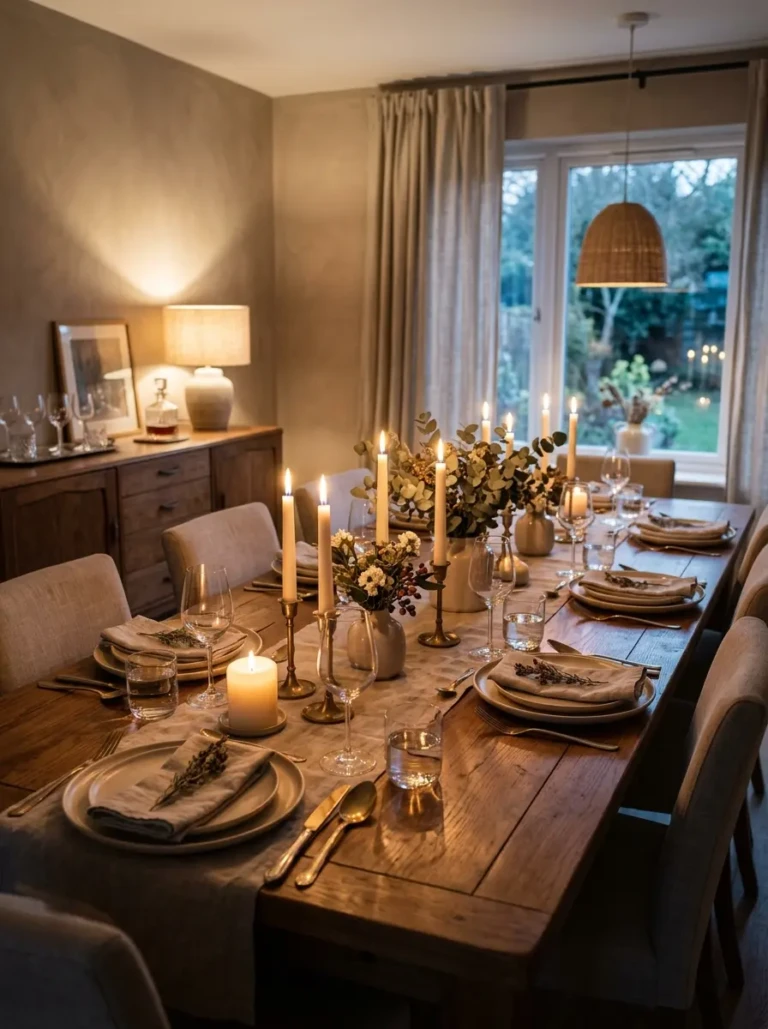 A warmly lit dining room with a beautifully set table, candles, and a cozy inviting atmosphere perfect for gathering and conversation