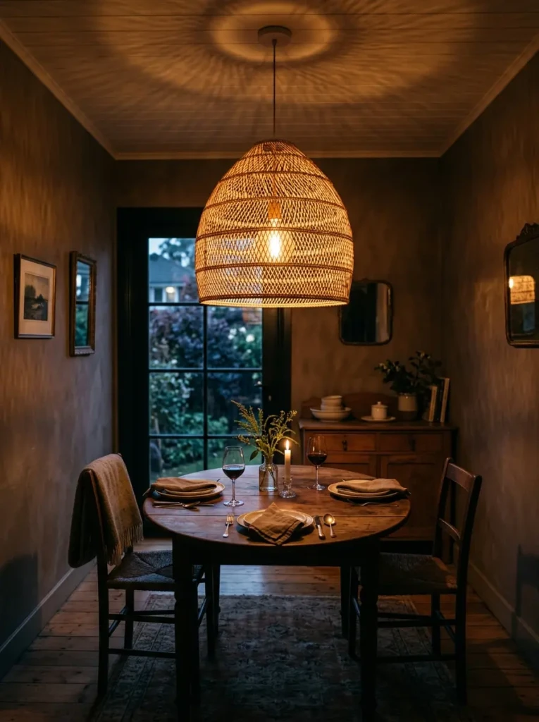 A small dining space with a large woven pendant light casting a warm glow over a simple dining table.