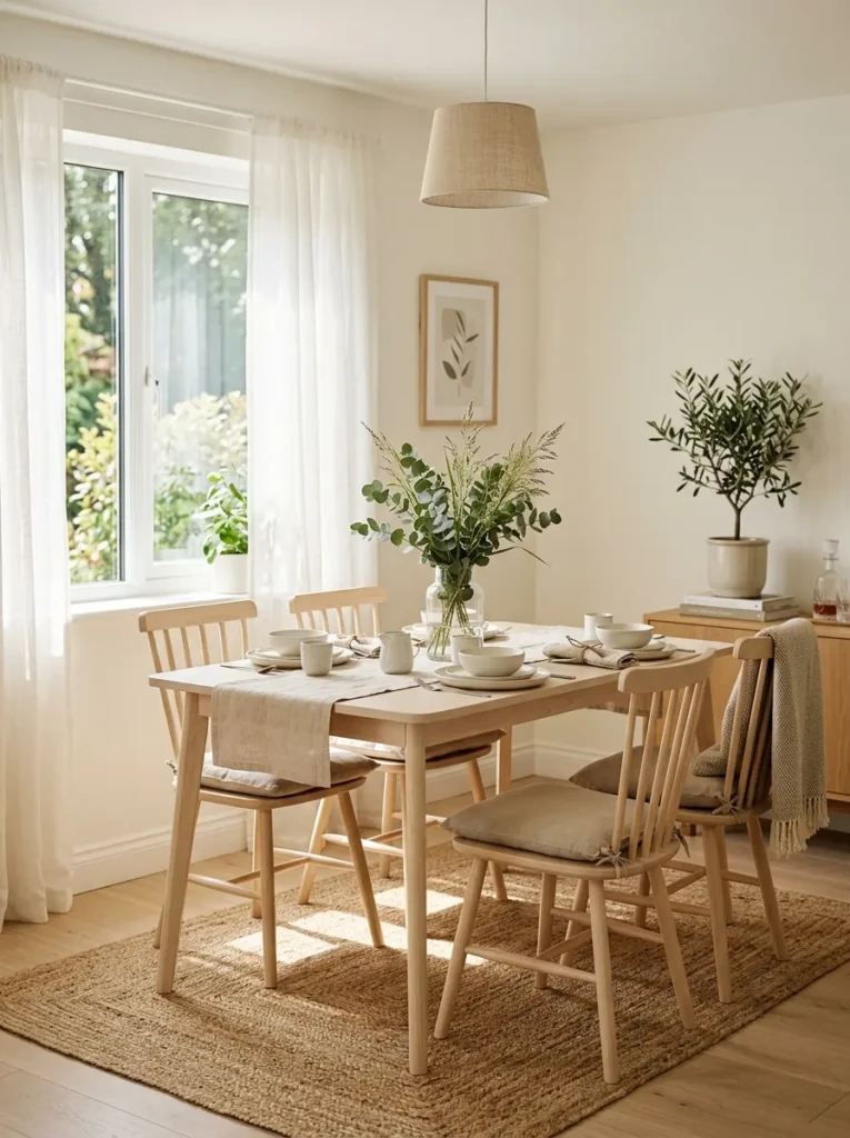 A small dining room with creamy white walls, pale wooden table, sheer curtains, and soft neutral textures.