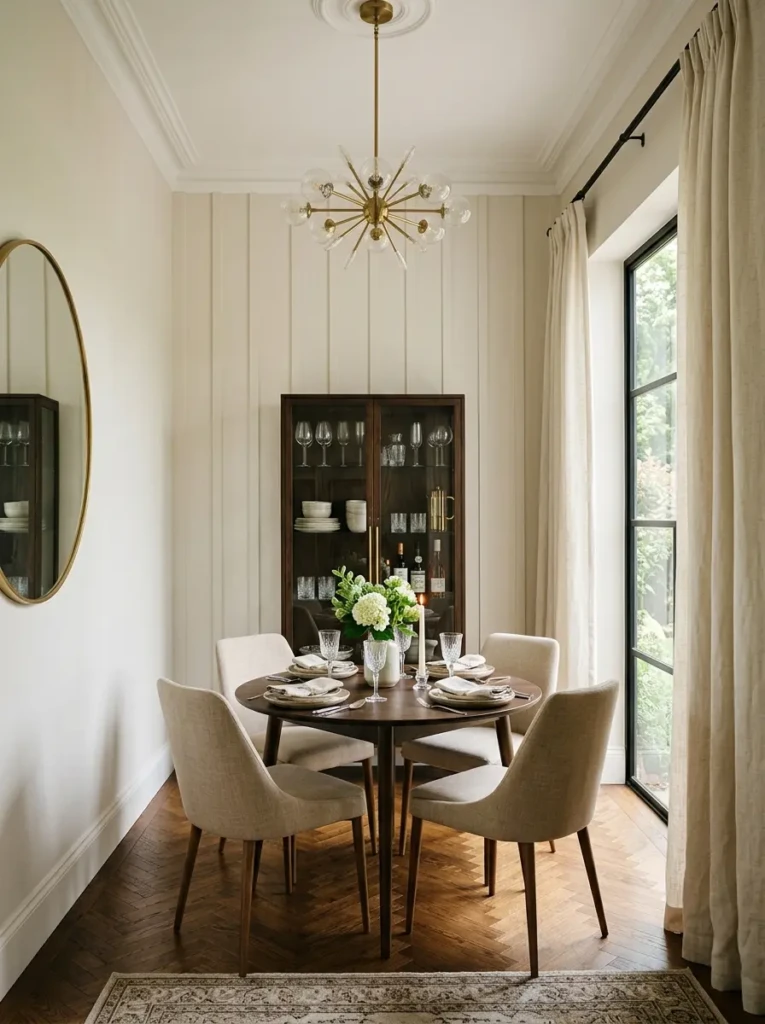 A small dining room with tall curtains and vertical elements that make the ceiling feel higher and space larger.
