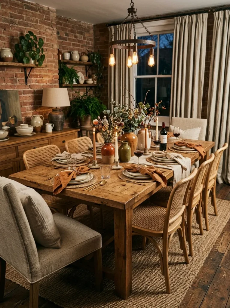 A dining space combining wood, fabric, and ceramic textures to create a warm and cozy atmosphere.