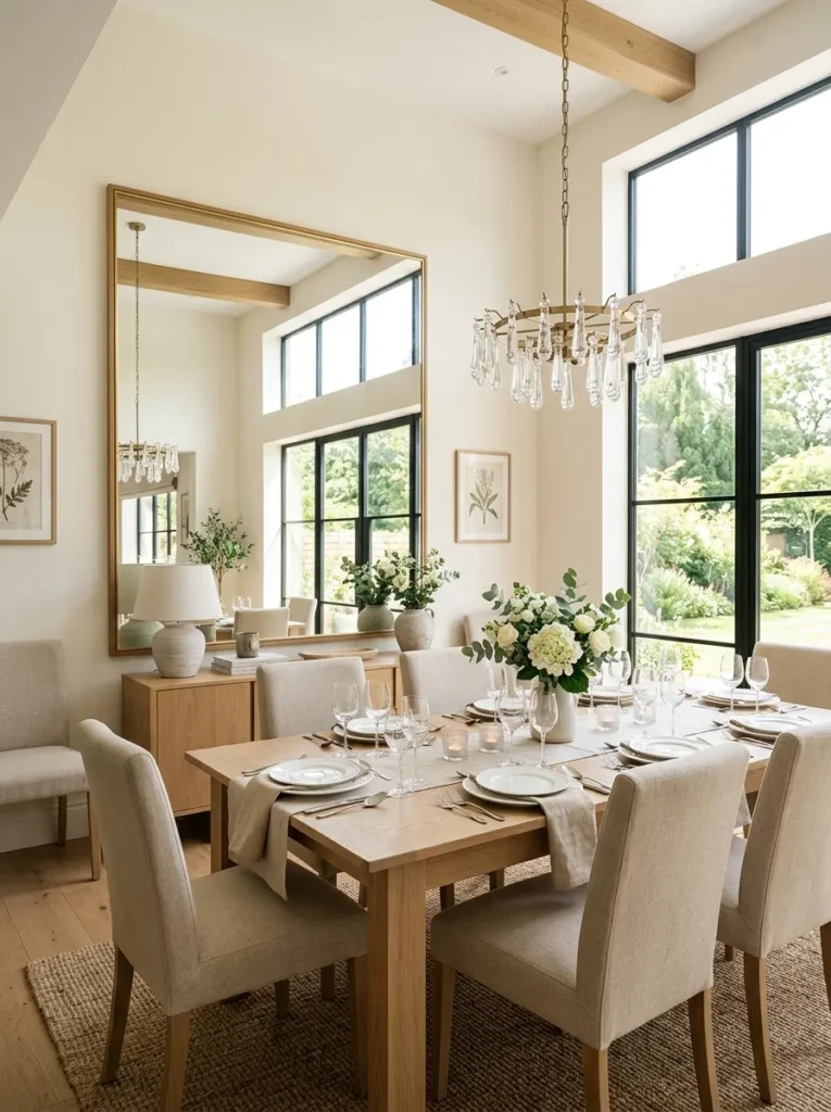 A dining area with a large wall mirror reflecting light and making the small space feel brighter and more spacious.