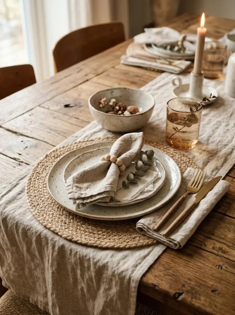 A close-up of a dining table styled with linen, woven placemats, ceramic dishes, and wood textures creating a warm layered look